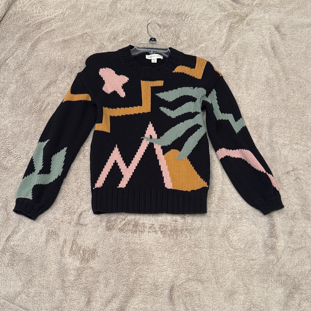 Amour Vert Black Sweater with Abstract Pink, Green, and Orange Design